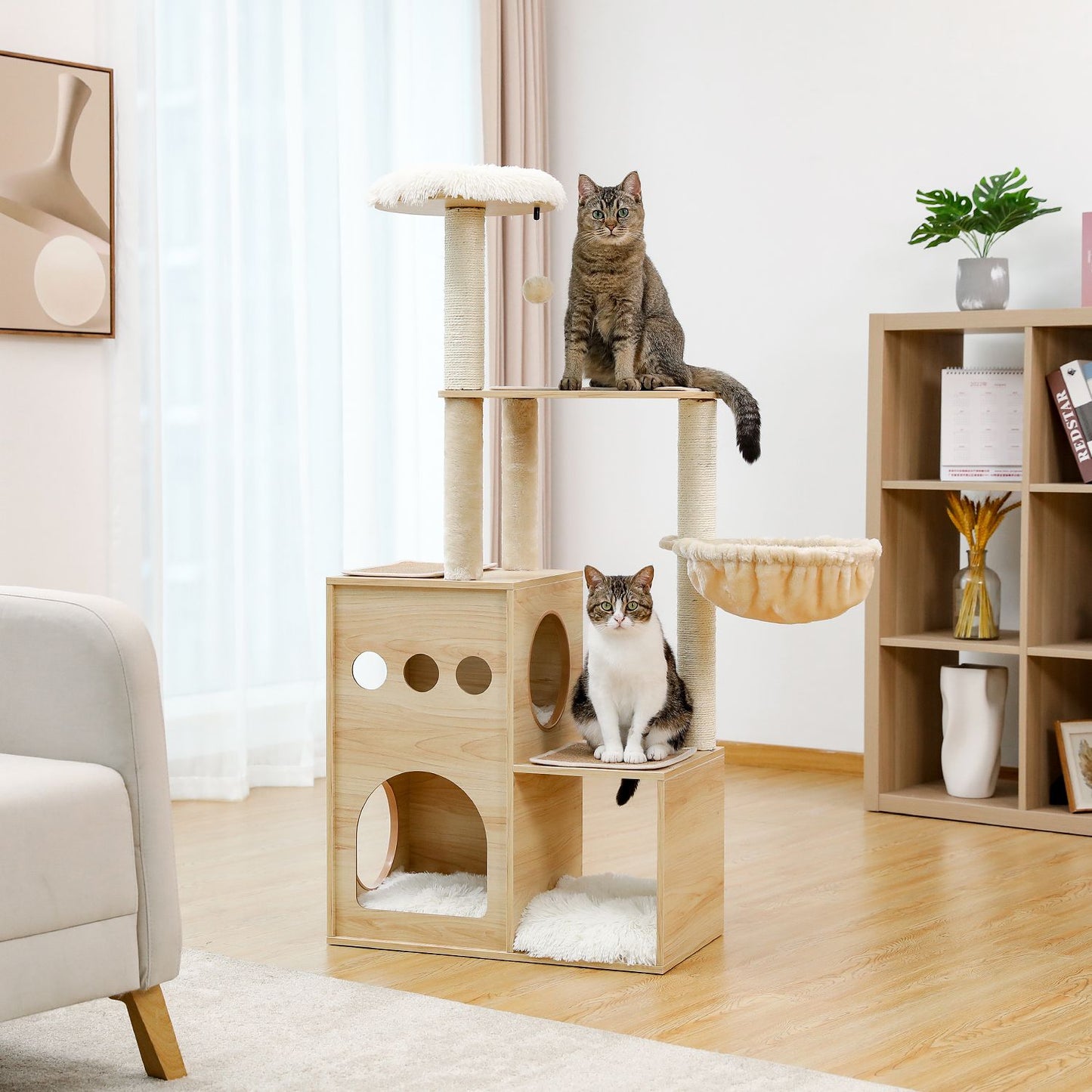(Do Not Sell on Amazon) Modern Luxury Cat Tree Wooden Multi-Level Cat Tower Cat Sky Castle With 2 Cozy Condos; Cozy Perch; Spacious Hammock And Interactive Dangling Ball